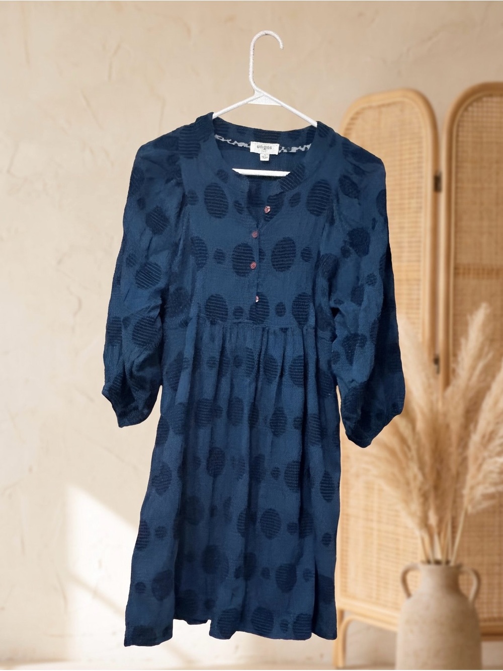 Umgee Navy Textured Polka Dot Long Sleeve Dress